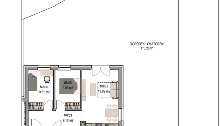 Rzut - Mieszkanie na sprzedaż 4 pokoje o powierzchni 60,03 m² - numer B2 M-8 w Lubostroń Park