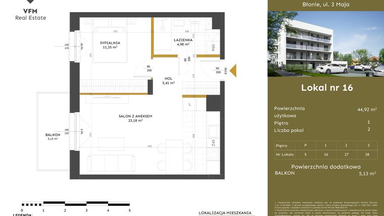 Rzut - Mieszkanie na sprzedaż 2 pokoje o powierzchni 44,92 m² - numer 16 w Apartamenty 3 Maja