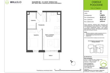 Rzut - Mieszkanie na sprzedaż 2 pokoje o powierzchni 44,31 m² - numer OP/A2/P1/10 w Osiedle Pogodne etap I