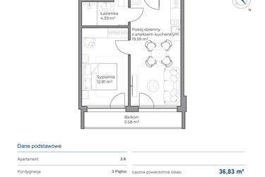 Rzut - Mieszkanie na sprzedaż 2 pokoje o powierzchni 36,83 m² - numer B.3.6 w Anchoria Holiday