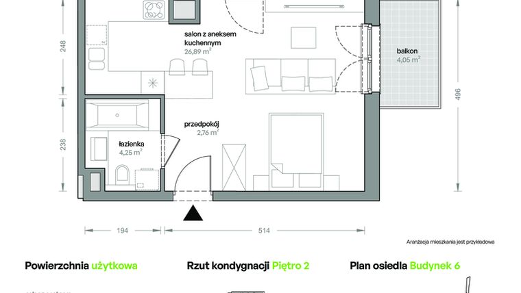 Rzut - Mieszkanie na sprzedaż 1 pokój o powierzchni 33,9 m² - numer B6/A/15 w Ceglana Park