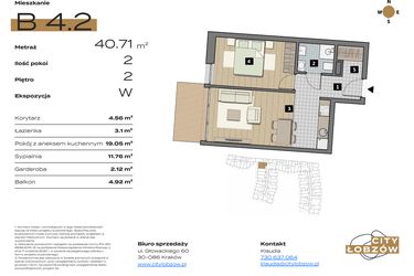 Rzut - Mieszkanie na sprzedaż 2 pokoje o powierzchni 40,71 m² - numer B 4.2 w City Łobzów