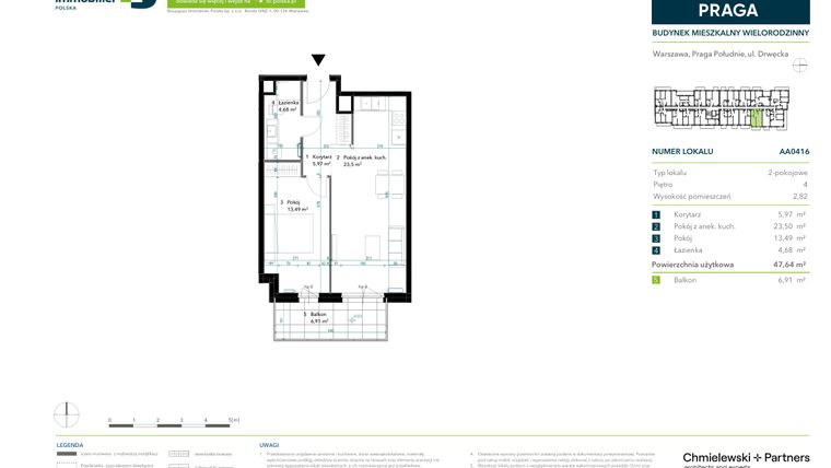Rzut - Mieszkanie na sprzedaż 2 pokoje o powierzchni 47,64 m² - numer AA0416 w Neo Praga