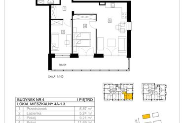 Rzut - Mieszkanie na sprzedaż 3 pokoje o powierzchni 55,52 m² - numer 4A-1.3 w Gardenia Pogodno