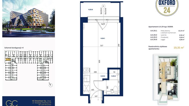 Rzut - Mieszkanie na sprzedaż 1 pokój o powierzchni 19,34 m² - numer A.4.24 w Oxford 24