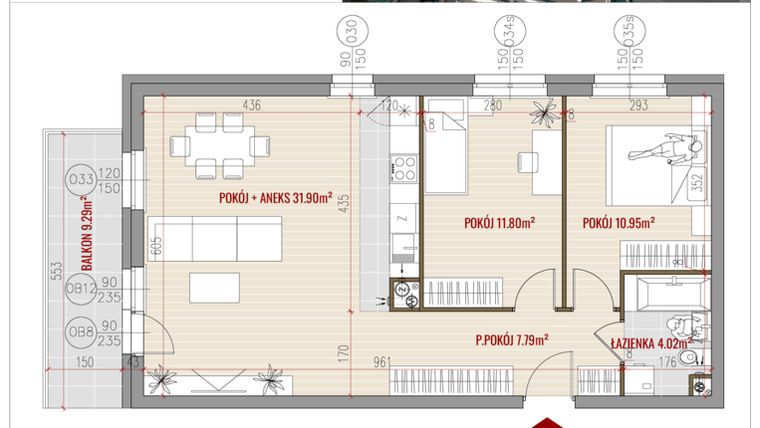 Rzut - Mieszkanie na sprzedaż 3 pokoje o powierzchni 66,46 m² - numer 19 w HUZAR B3
