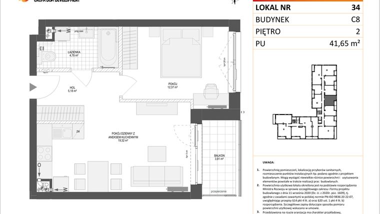 Rzut - Mieszkanie na sprzedaż 2 pokoje o powierzchni 41,65 m² - numer C8.34 w Konstelacja etap IV