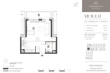 Rzut - Mieszkanie na sprzedaż 1 pokój o powierzchni 32,48 m² - numer M.4.11 w Zamoyskiego 31