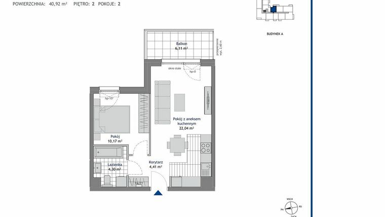 Rzut - Mieszkanie na sprzedaż 2 pokoje o powierzchni 40,92 m² - numer A.2.6 w Linea bud. A