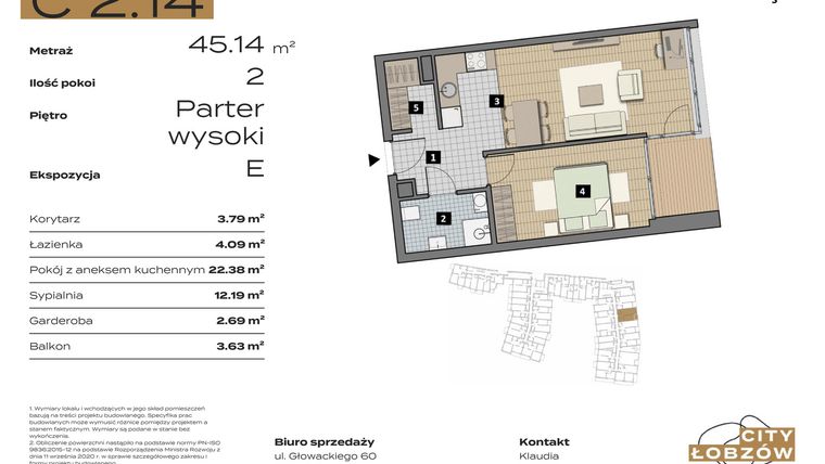 Rzut - Mieszkanie na sprzedaż 2 pokoje o powierzchni 45,14 m² - numer C 2.14 w City Łobzów