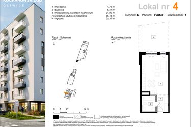 Rzut - Mieszkanie na sprzedaż 1 pokój o powierzchni 35,16 m² - numer C.4 w Osiedle Kochanowskiego - Gliwice