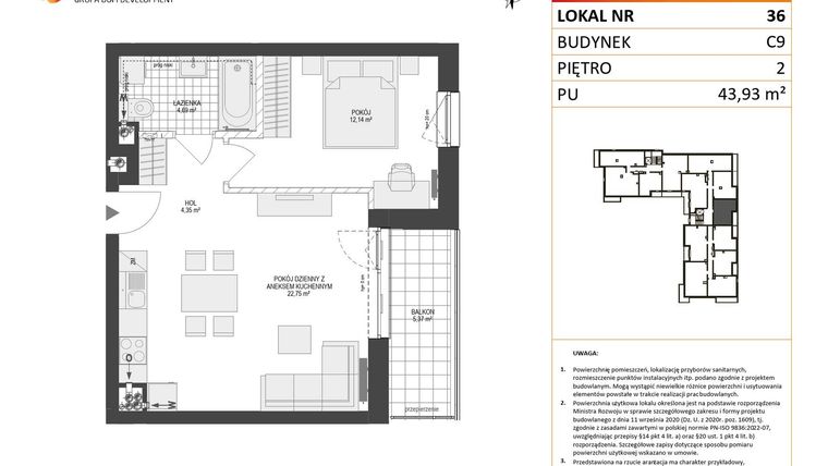 Rzut - Mieszkanie na sprzedaż 2 pokoje o powierzchni 43,93 m² - numer C9.36 w Konstelacja etap V