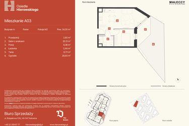 Rzut - Mieszkanie na sprzedaż 2 pokoje o powierzchni 34,55 m² - numer A03 w Osiedle Hierowskiego