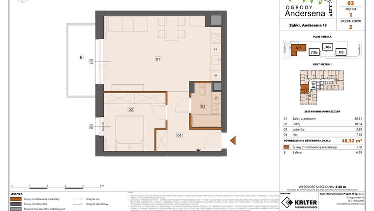 Rzut - Mieszkanie na sprzedaż 2 pokoje o powierzchni 48,32 m² - numer 3A w Ogrody Andersena