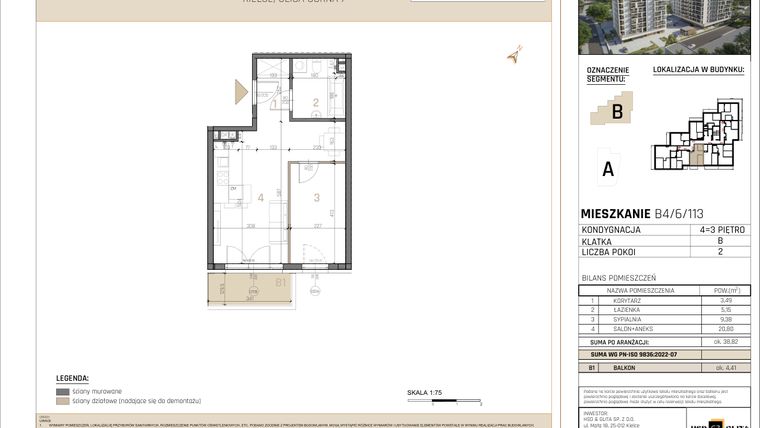 Rzut - Mieszkanie na sprzedaż 1 pokój o powierzchni 38,82 m² - numer B4/6/113 w GEMINI G-7