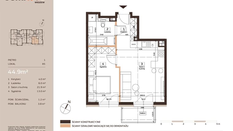 Rzut - Mieszkanie na sprzedaż 2 pokoje o powierzchni 44,9 m² - numer B5 w Domkove Widzew