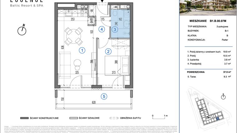 Rzut - Mieszkanie na sprzedaż 2 pokoje o powierzchni 37,9 m² - numer B1.B.00.07M w ESSENSE Baltic Resort&SPA 2