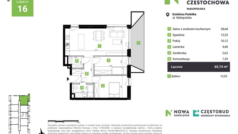 Rzut - Mieszkanie na sprzedaż 3 pokoje o powierzchni 65,74 m² - numer B16 w Nowa Częstochowa Małopolska