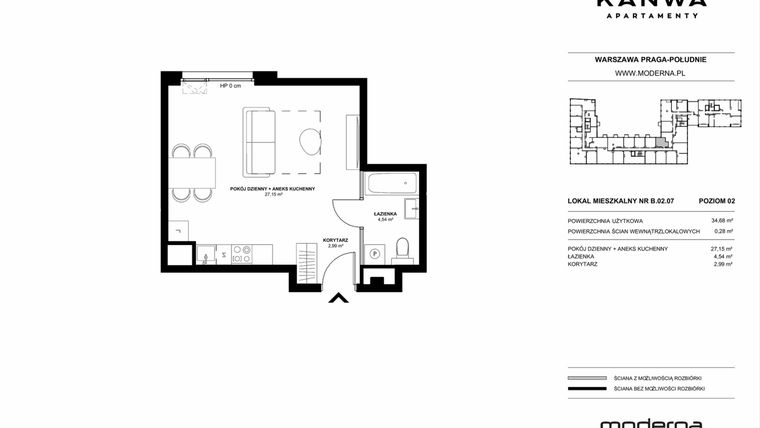 Rzut - Mieszkanie na sprzedaż 1 pokój o powierzchni 34,68 m² - numer B.02.07 w KANWA