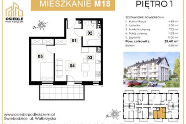 Rzut - Mieszkanie na sprzedaż 2 pokoje o powierzchni 39,4 m² - numer M18 w Osiedle Pod Książem
