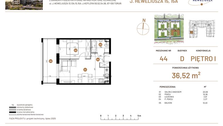 Rzut - Mieszkanie na sprzedaż 2 pokoje o powierzchni 36,52 m² - numer JAR-IV-D-LM-M44 w Osiedle JAR Heweliusza etap IV