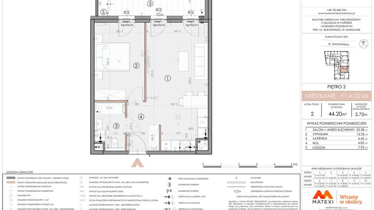 Rzut - Mieszkanie na sprzedaż 2 pokoje o powierzchni 44,2 m² - numer F1.A.02.06 w Bukowińska Mokotów