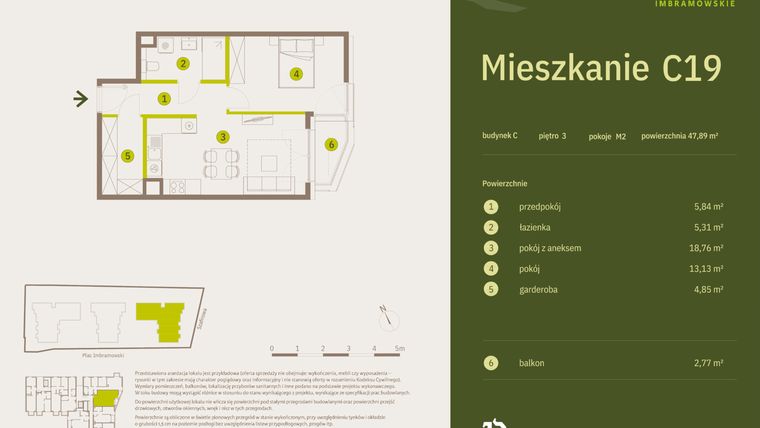 Rzut - Mieszkanie na sprzedaż 2 pokoje o powierzchni 47,89 m² - numer C19 w Osiedle Imbramowskie