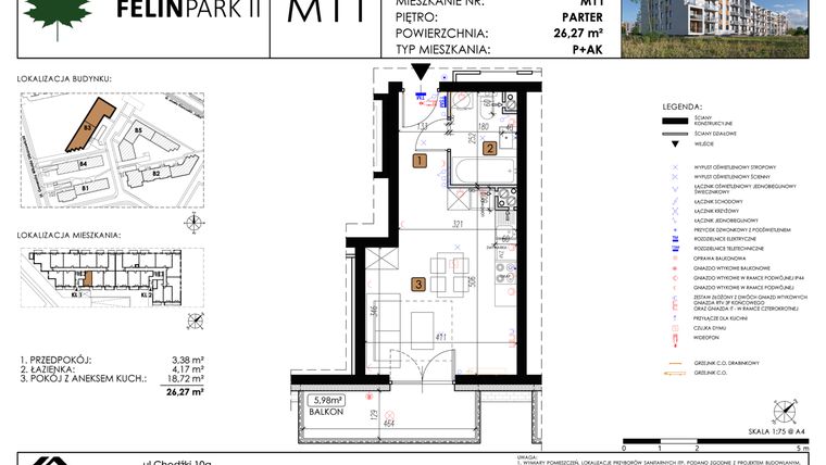 Rzut - Mieszkanie na sprzedaż 1 pokój o powierzchni 25,34 m² - numer M11 w Felin Park II etap 2