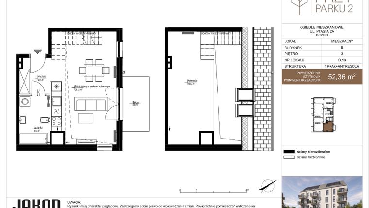 Rzut - Mieszkanie na sprzedaż 1 pokój o powierzchni 52,36 m² - numer B.13 w Przy Parku 2