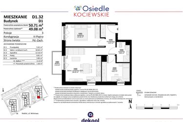 Rzut - Mieszkanie na sprzedaż 3 pokoje o powierzchni 49,08 m² - numer D1.32 w Osiedle Kociewskie etap III