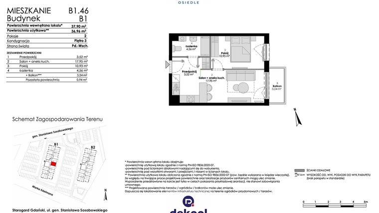 Rzut - Mieszkanie na sprzedaż 2 pokoje o powierzchni 36,96 m² - numer B1.46 w Osiedle Chabrowe
