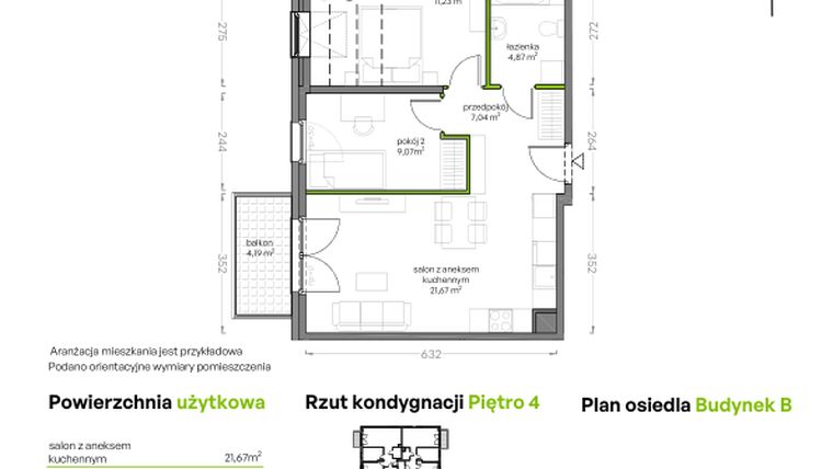 Rzut - Mieszkanie na sprzedaż 3 pokoje o powierzchni 53,88 m² - numer B/4/60 w Niepołomicka Vita