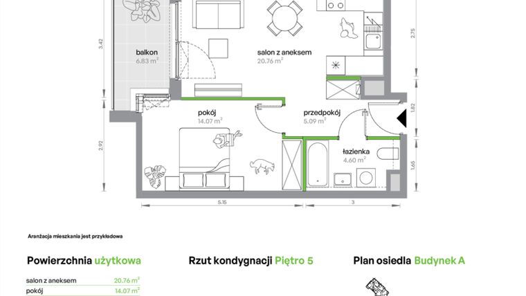 Rzut - Mieszkanie na sprzedaż 2 pokoje o powierzchni 44,52 m² - numer AB0505/4 w M Bemowo