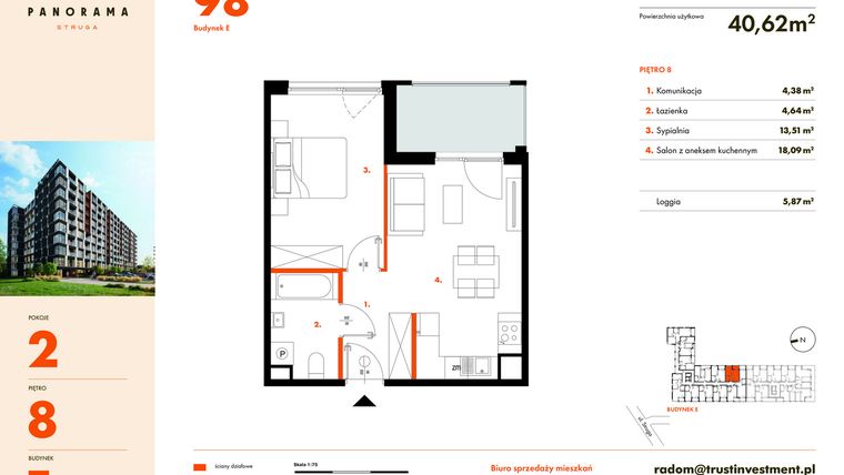 Rzut - Mieszkanie na sprzedaż 2 pokoje o powierzchni 40,62 m² - numer E98 w Panorama Struga