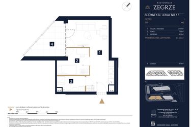 Rzut - Mieszkanie na sprzedaż 1 pokój o powierzchni 33,59 m² - numer D13 w Rezydencja Zegrze etap III