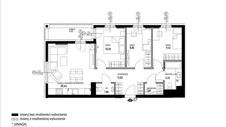 Rzut - Mieszkanie na sprzedaż 4 pokoje o powierzchni 70,37 m² - numer B7.17 w Andromeda