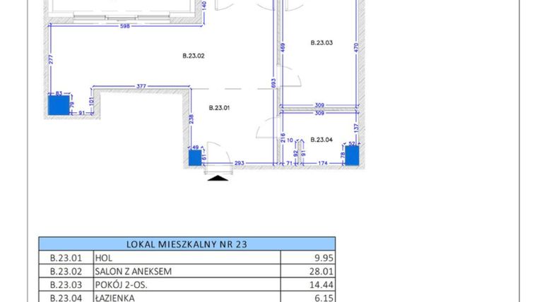 Rzut - Mieszkanie na sprzedaż 2 pokoje o powierzchni 58,55 m² - numer B.23 w Gaja Park