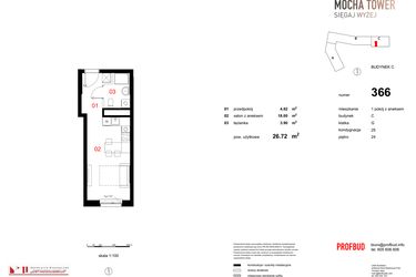 Rzut - Mieszkanie na sprzedaż 1 pokój o powierzchni 26,72 m² - numer 366 w Osiedle Mocha Tower