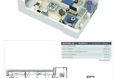 Rzut - Mieszkanie na sprzedaż 2 pokoje o powierzchni 42,97 m² - numer A.8.M51 w Sobola Biel A8