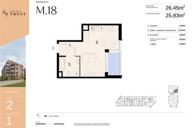 Rzut - Mieszkanie na sprzedaż 1 pokój o powierzchni 26,45 m² - numer B - M.18 w Dzielnica Trust - etap I