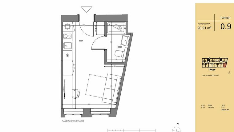 Rzut - Mieszkanie na sprzedaż 1 pokój o powierzchni 20,21 m² - numer 0.9 w Rezydencja San Petrus