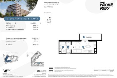 Rzut - Mieszkanie na sprzedaż 1 pokój o powierzchni 25,43 m² - numer A2.3.3.M18 w Nowe Promenady