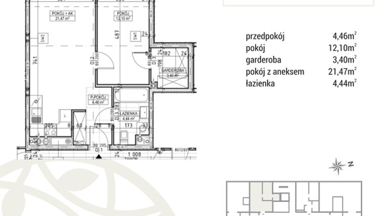 Rzut - Mieszkanie na sprzedaż 2 pokoje o powierzchni 45,87 m² - numer A2.03.32 w Zakątek Flora
