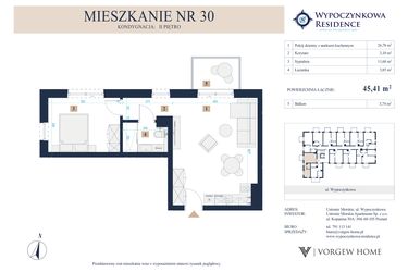 Rzut - Mieszkanie na sprzedaż 2 pokoje o powierzchni 45,58 m² - numer 30 w Wypoczynkowa Residence