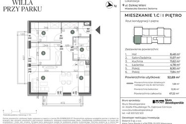 Rzut - Mieszkanie na sprzedaż 3 pokoje o powierzchni 52,69 m² - numer 1.C w Willa przy parku