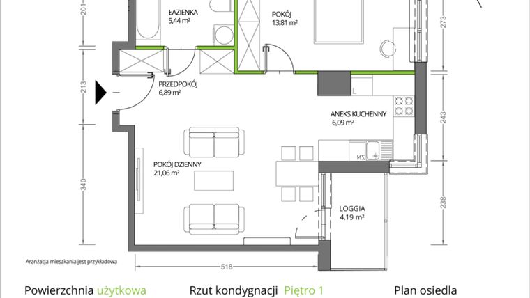 Rzut - Mieszkanie na sprzedaż 2 pokoje o powierzchni 53,29 m² - numer 1/003 w Krakowska Vita