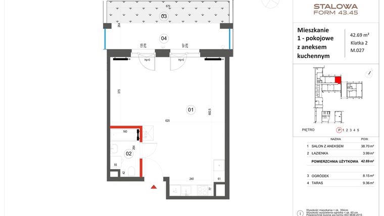 Rzut - Mieszkanie na sprzedaż 1 pokój o powierzchni 42,69 m² - numer 27 w Stalowa Form 43.45