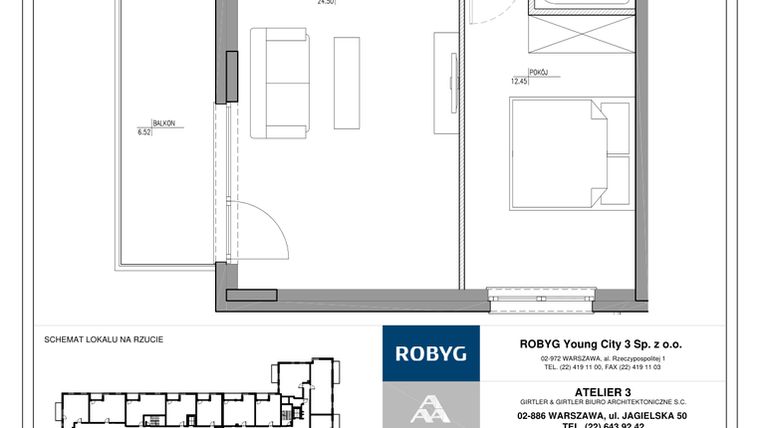 Rzut - Mieszkanie na sprzedaż 2 pokoje o powierzchni 44,63 m² - numer MC/J/A/3/7 w Modern City etap J