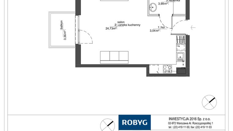 Rzut - Mieszkanie na sprzedaż 1 pokój o powierzchni 31,76 m² - numer RM/2A/F/4/4 w Rytm Mokotowa - etap 2A
