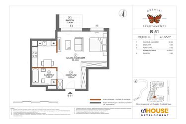 Rzut - Mieszkanie na sprzedaż 1 pokój o powierzchni 43,55 m² - numer B51 w Apartamenty Rusałki